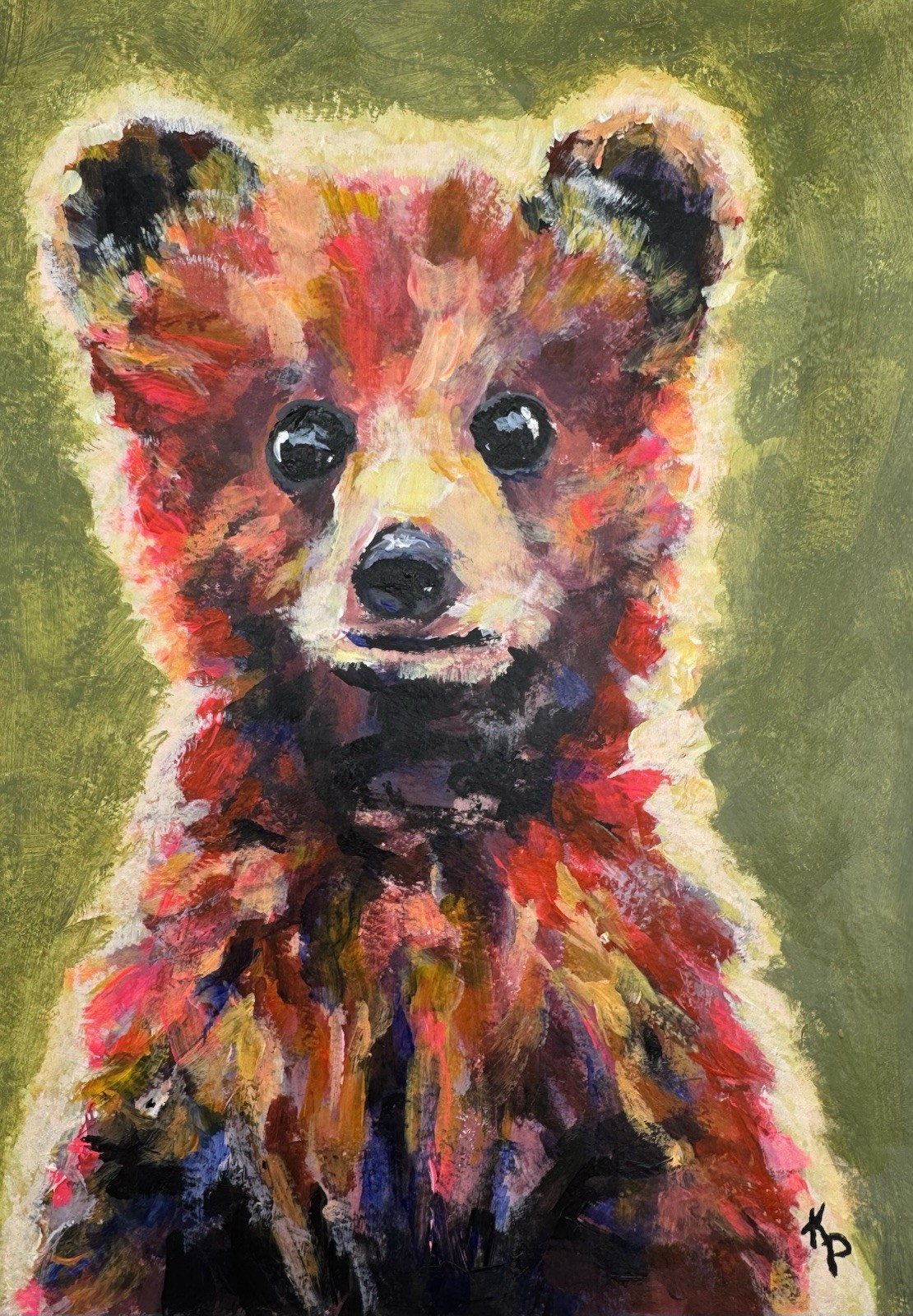 Original Acrylic Painting – Watercolor Paper 9×12 Cute Whimsical Bear Cub Fun