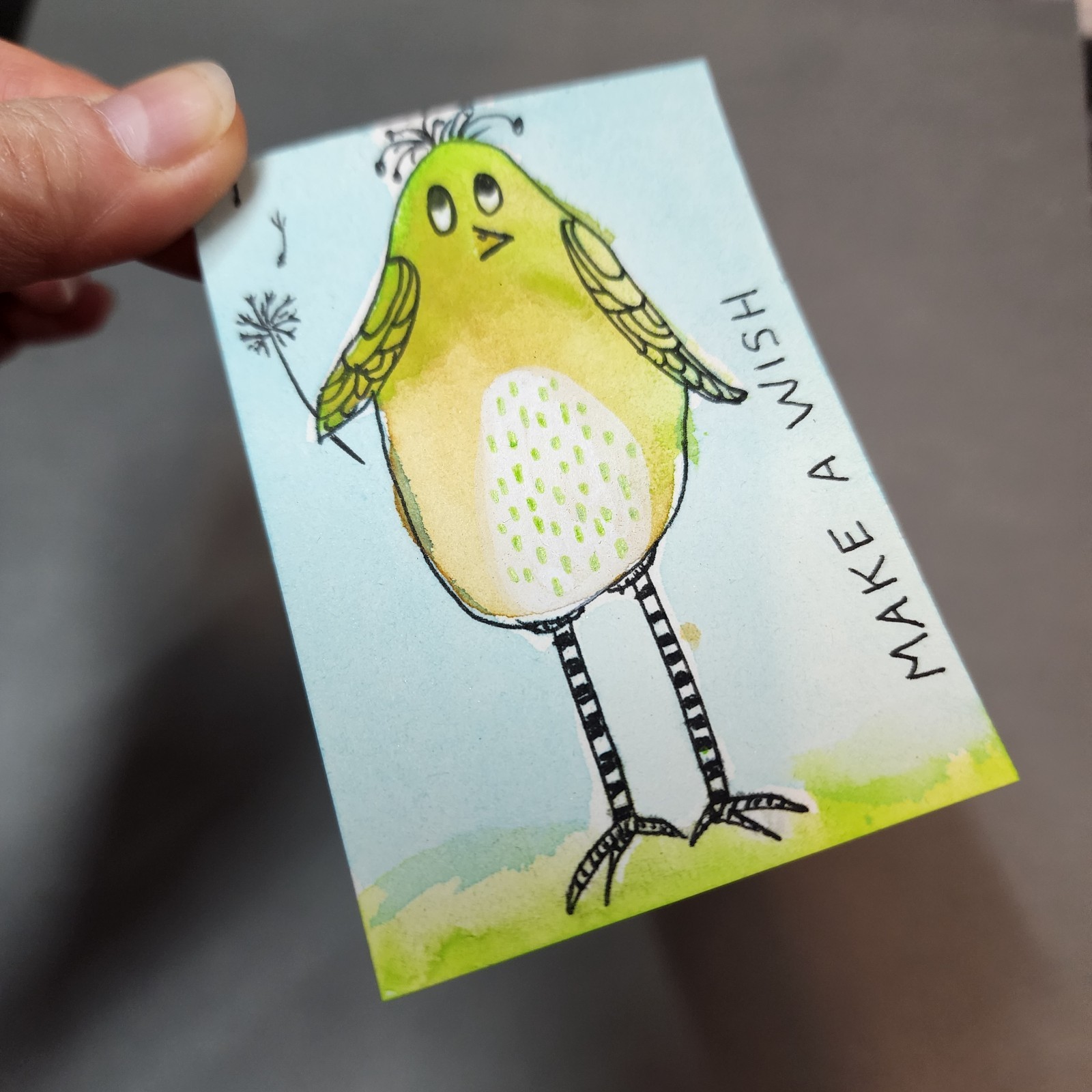 ACEO Original Painting Quirky Bird Make a Wish 2.5 x 3.5 Inches – AMBER K