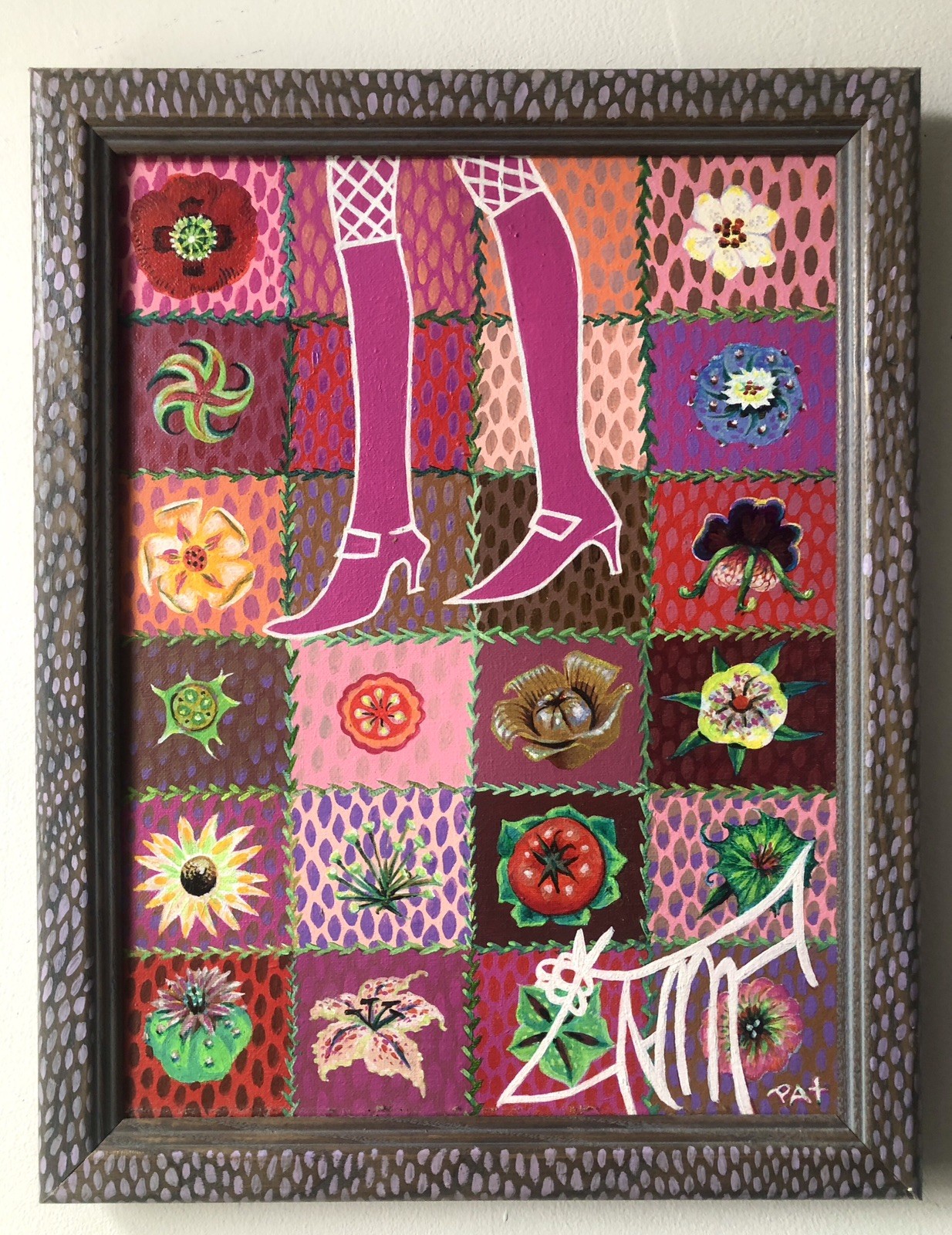 Pat Redding Unique Painting Acrylic Linen Witch Feet Patchwork Fine Art Rocker