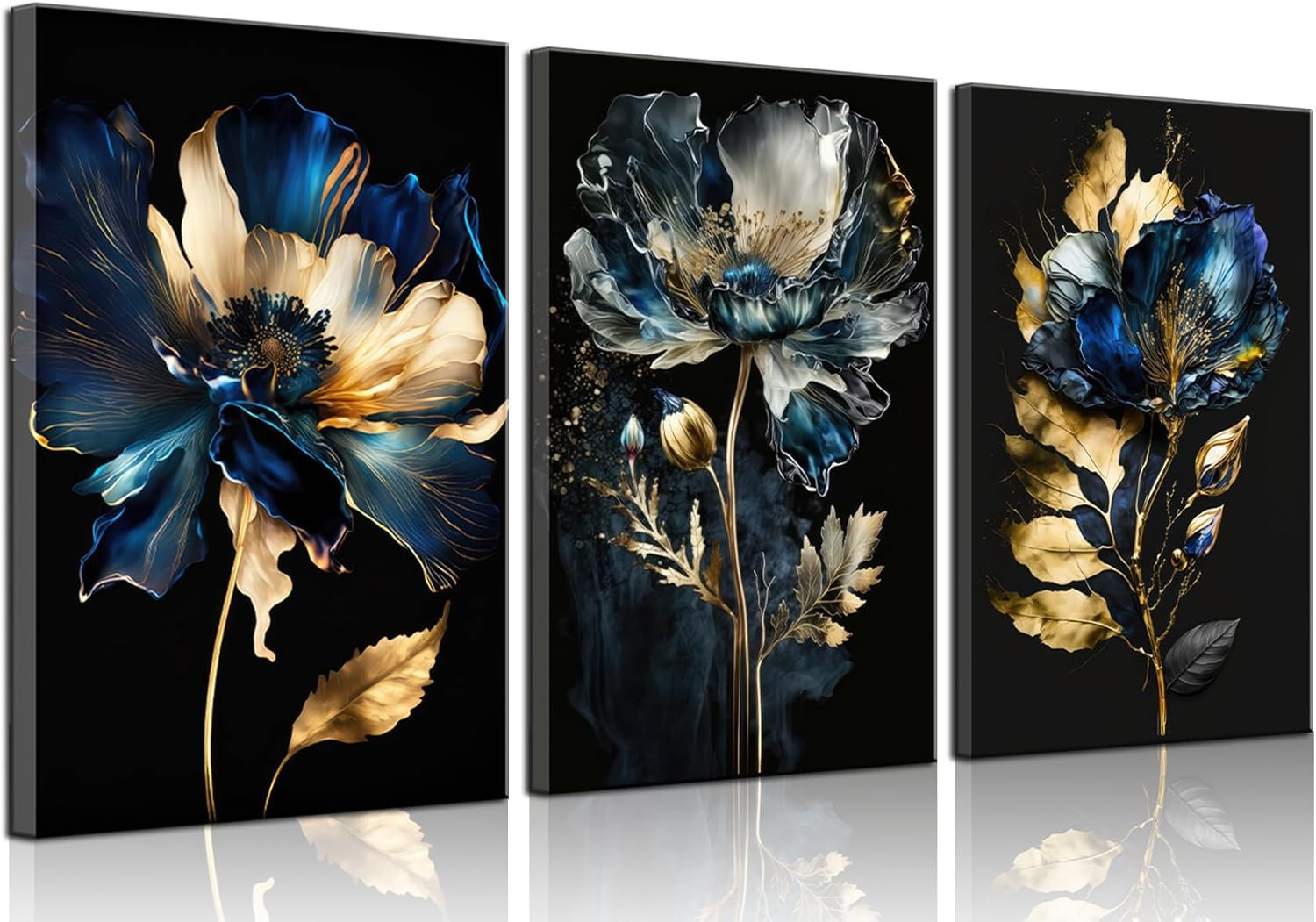Blue and Gold Abstract Flower Canvas Art Set of 3 for Modern Home Decor