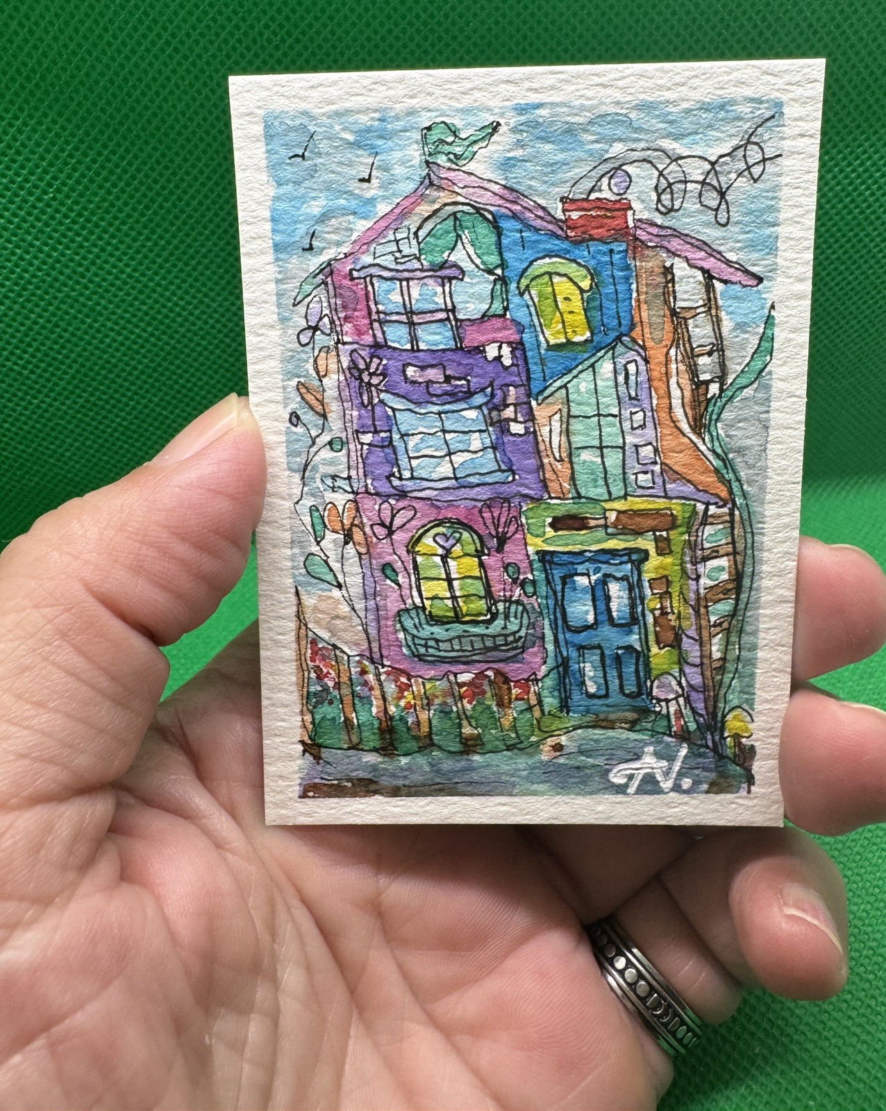 Home, sweet home. Cottage Original ACEO Watercolor Ink Camblc Signed