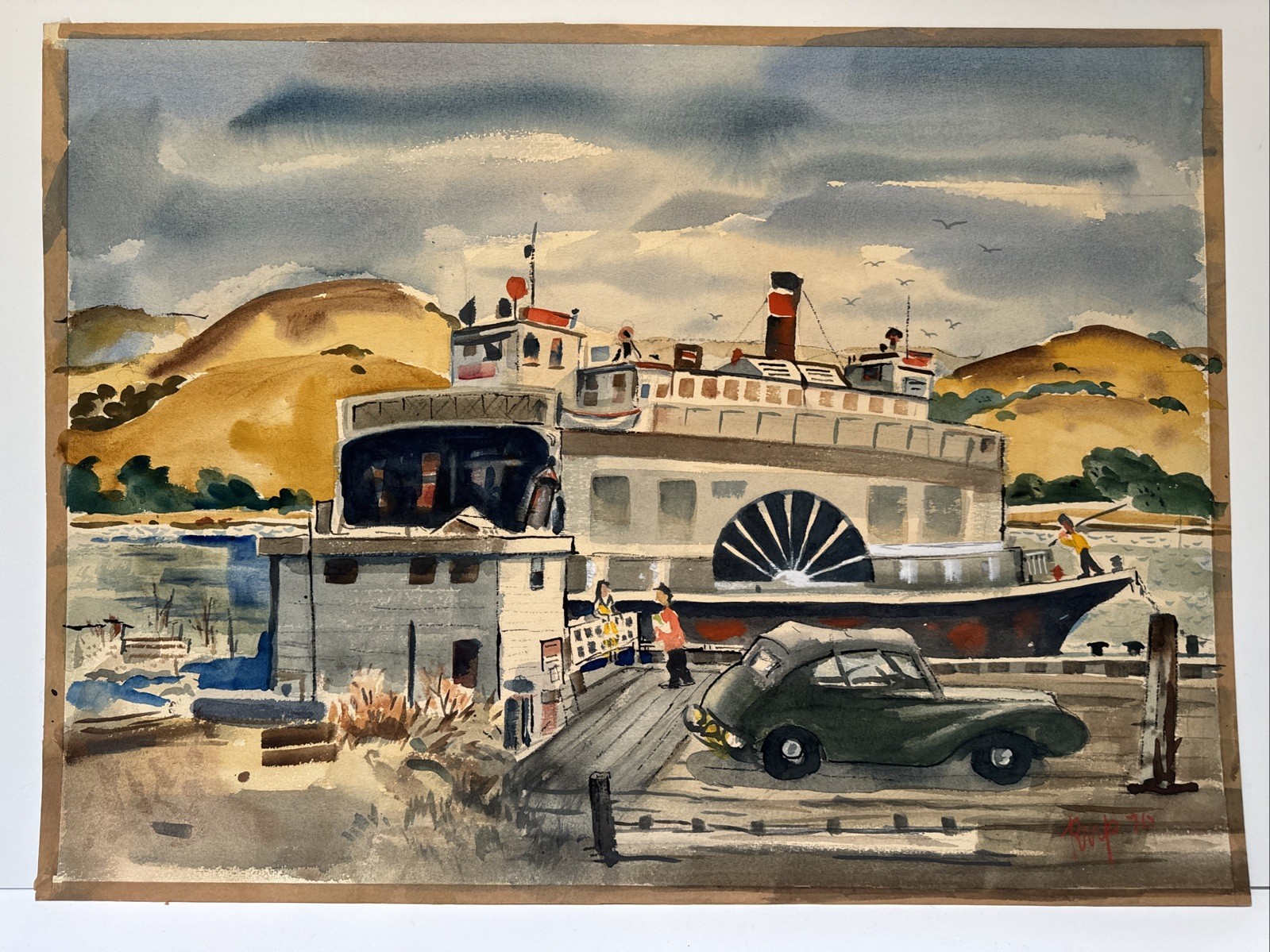 California Regionalist Painting Ferry Boat Dock Classic Car Landscape Vintage