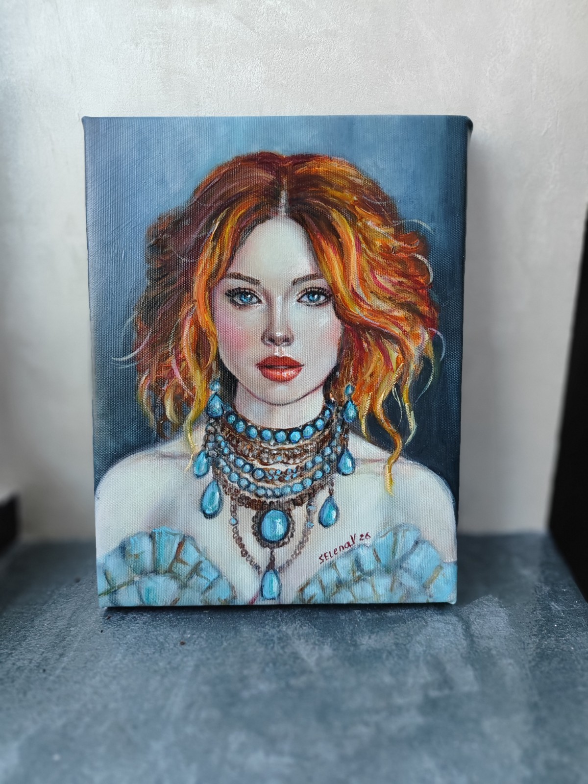 Original Oil Painting Redhead Woman Turquoise Jewelry Portrait 7×9″ 18x24cm Art