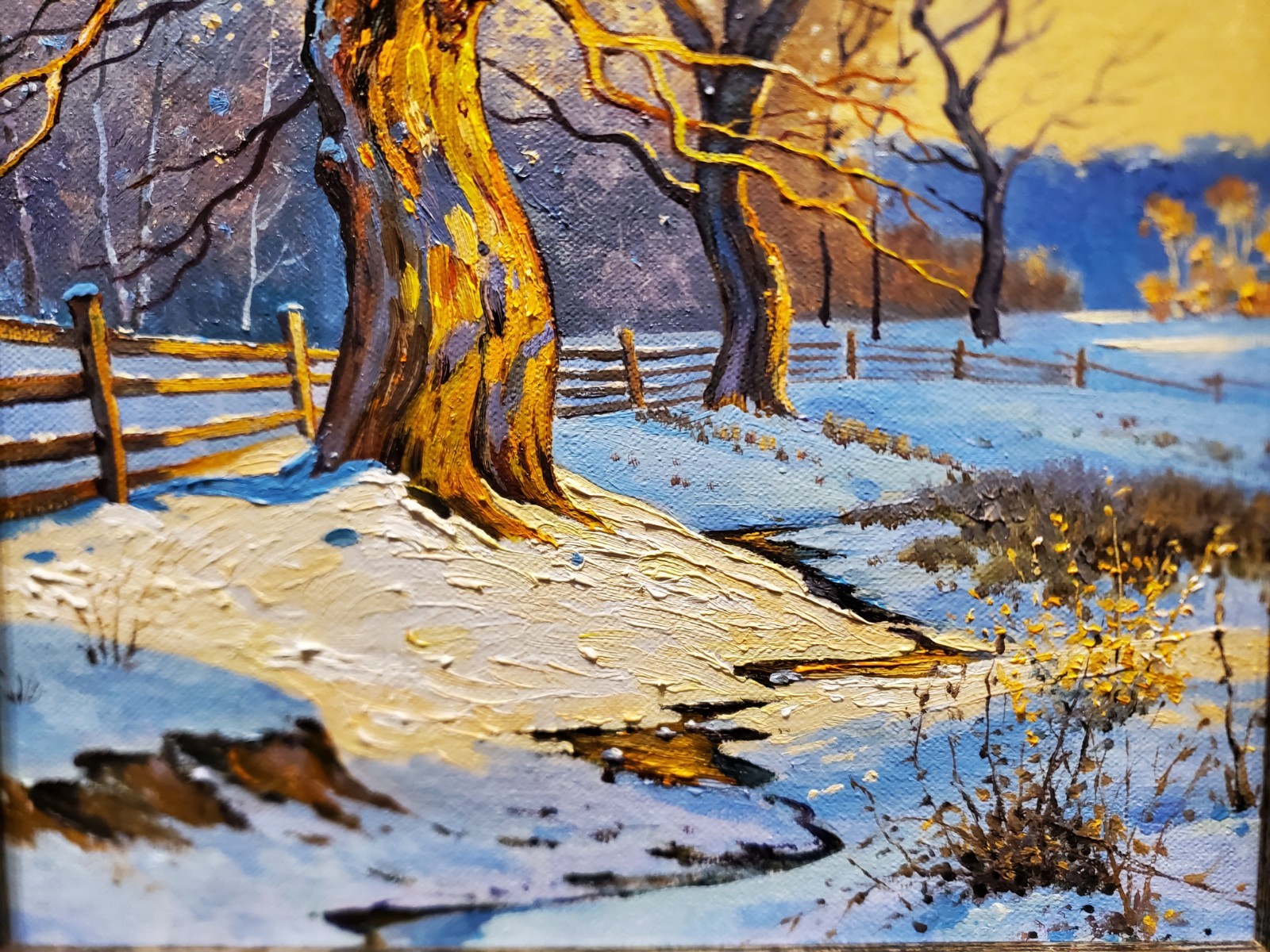 Original Oil Art Framed winter landscape painting with trees and bright blue sky