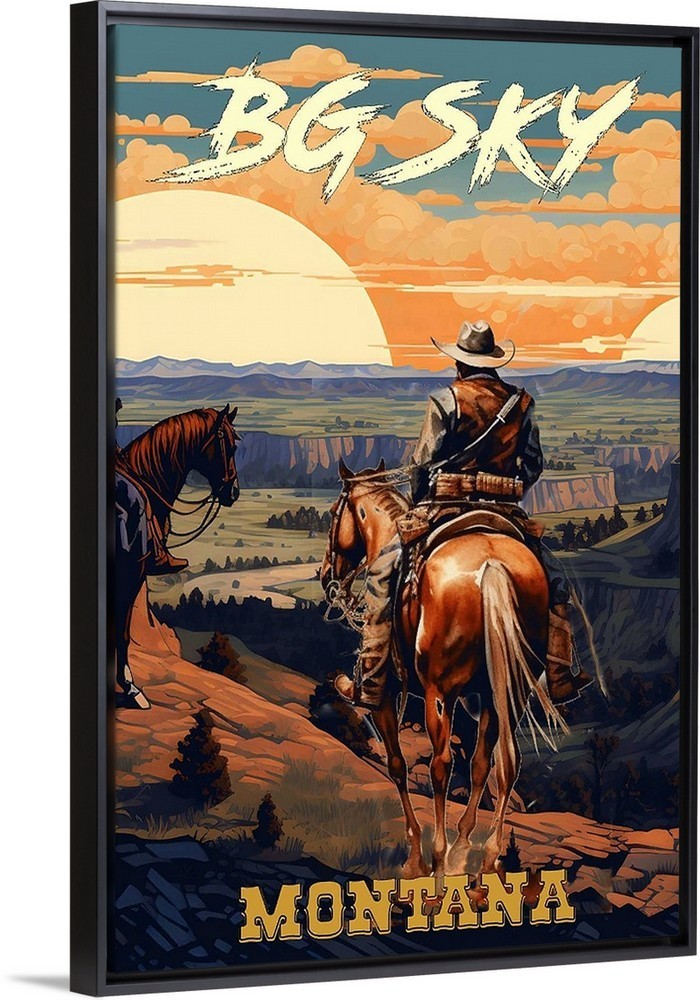 Big Sky Montana Cowboys Travel Poster Framed Canvas Old West Cowboy Canyon Art