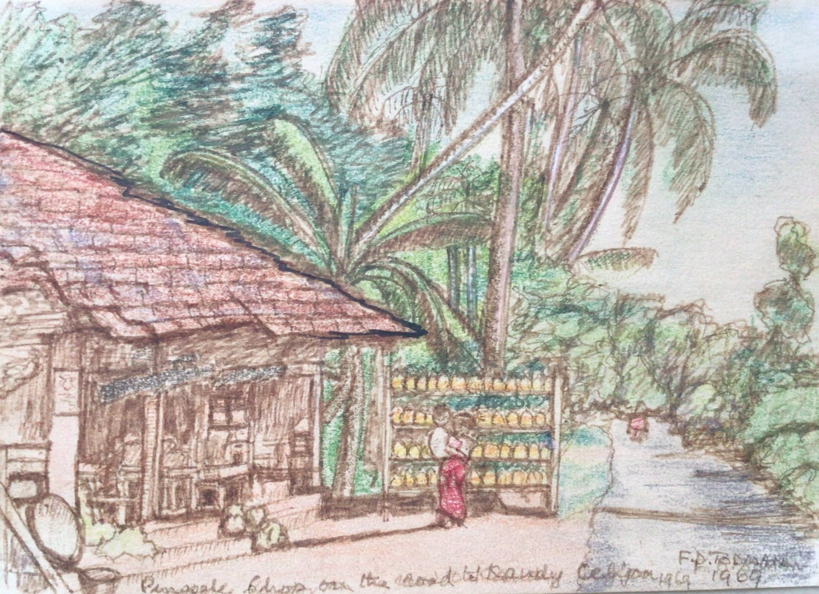 Shops Ceylon Sri Lanka Pastel Painting Vintage Art 8 x 5.25 in 1969 F.D. Todman