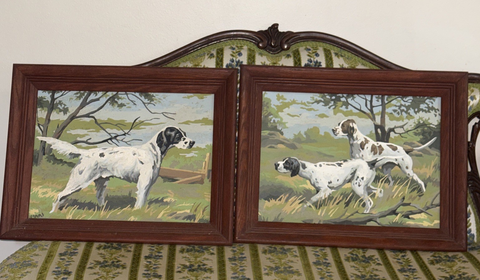 Vintage Paint By Number Painting Hunting Camp Pointer Setter Dogs Framed Set Of2