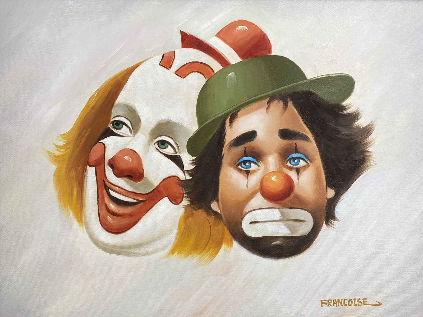 Signed Francoise Impressionist Clown Oil Painting on Canvas Sad Happy Emotions