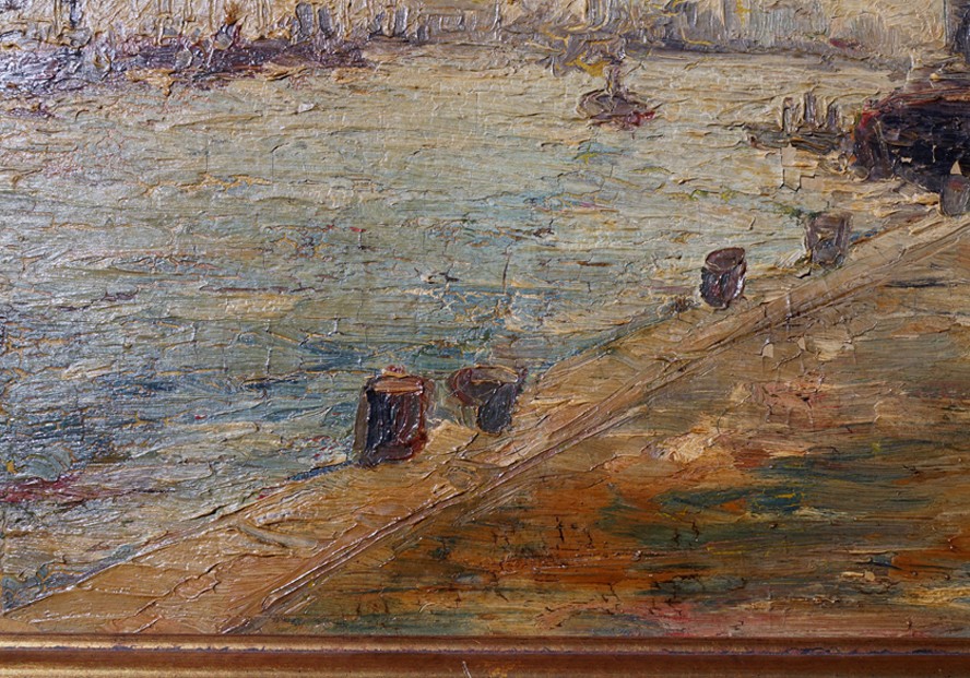 Post Impressionist Harbor Scene Landscape Oil Painting 20thC. Signed Illegible.