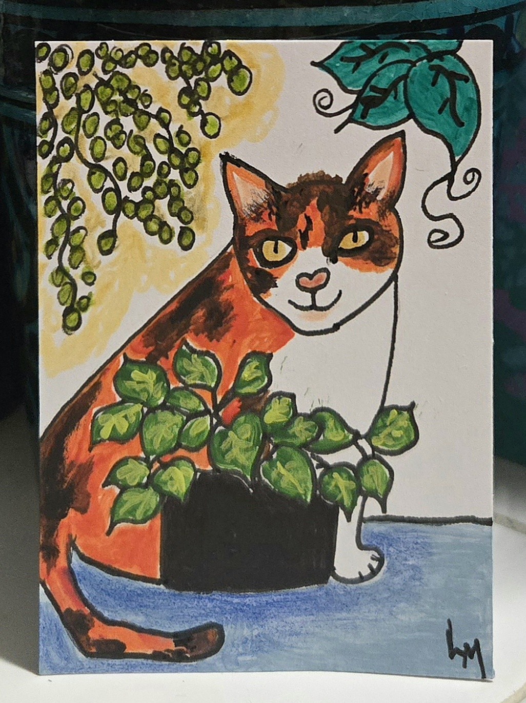 ACEO Original Art Painting Cat With Plants OOAK ATC Mini Spring