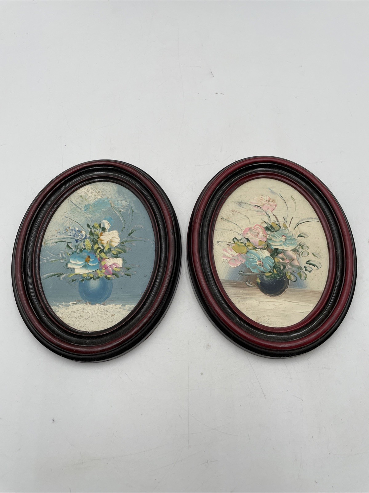 Vintage MCM Oval Floral Oil Paintings Set Mini Red Black Framed Still Life Art