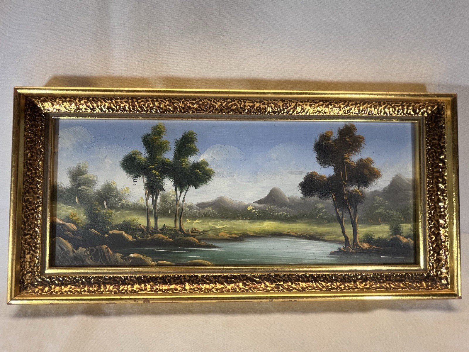 COLLECTOR Original Oil Painting signed CAMPILLO RiverMountainLandscape 9″x3 1/2″
