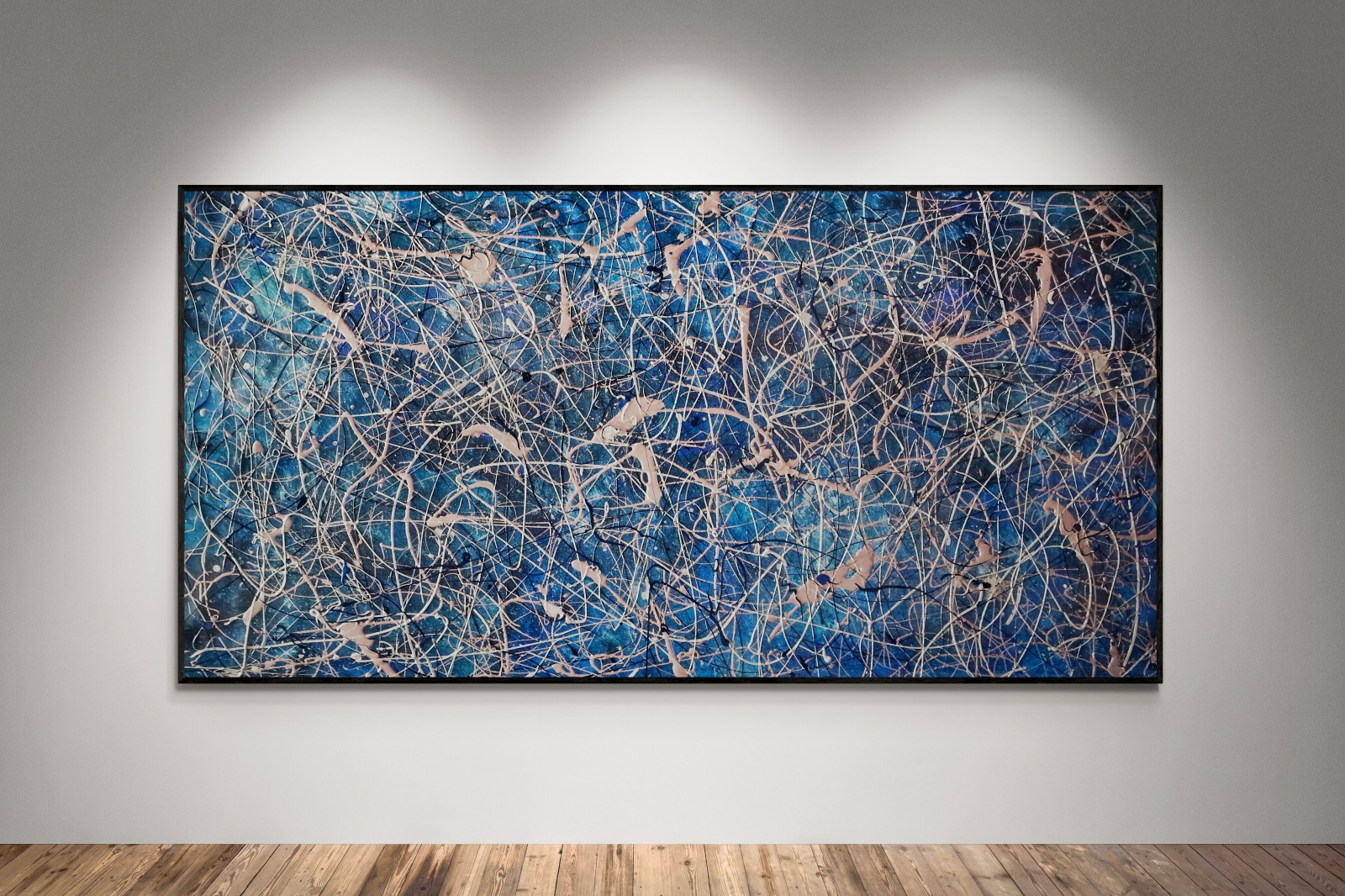 One-of-a-Kind Pollock Style Blue & Rose Gold Abstract Canvas – 59×30 in