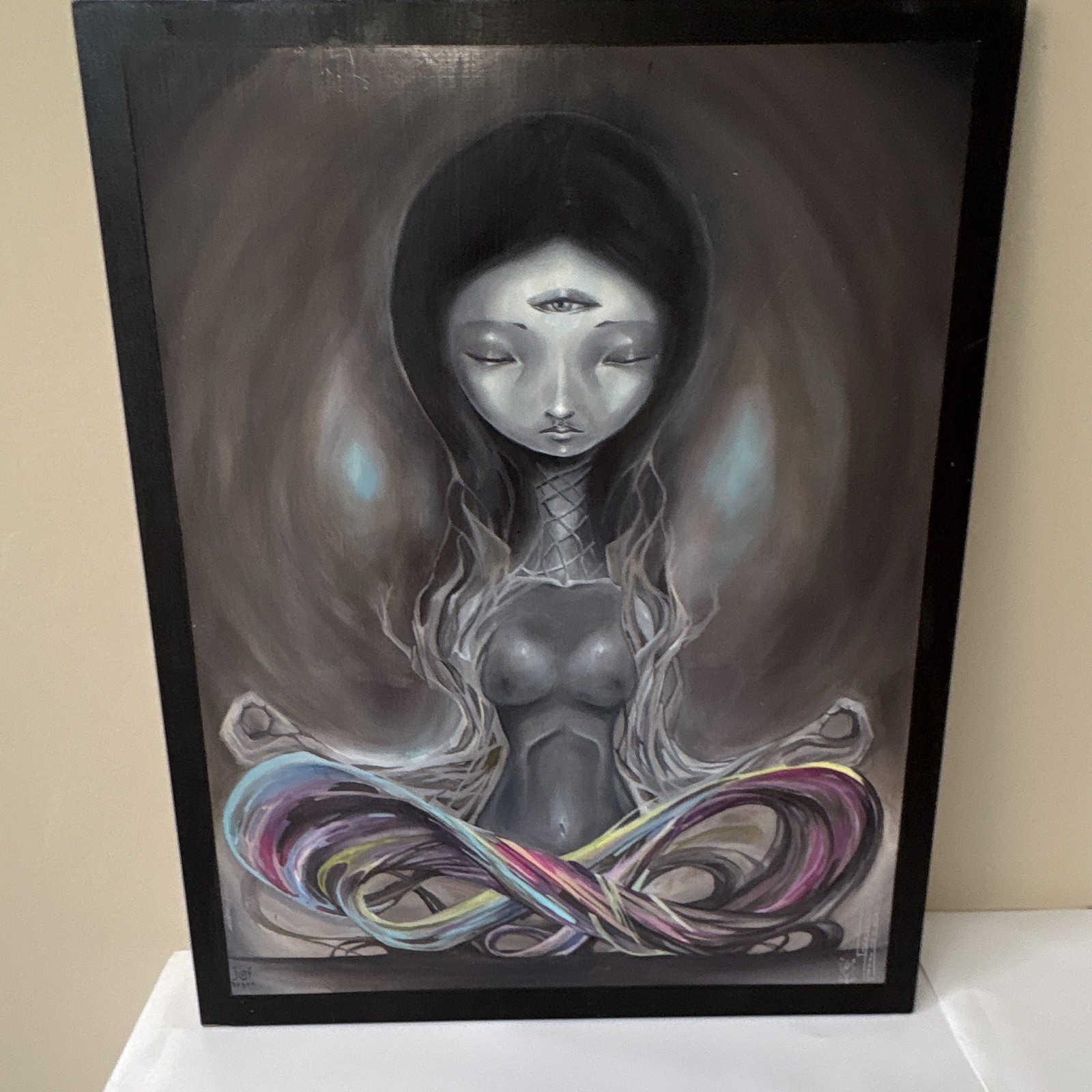 Jeff Logan Style Signed Surreal Canvas 3 Eyes Woman 20×24 Wood Panel