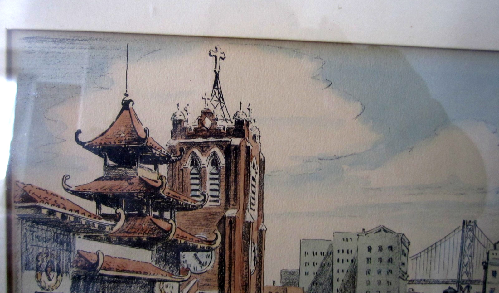 Vintage Frank Serratoni Watercolor Lithograph Street Cable Car In San Francisco