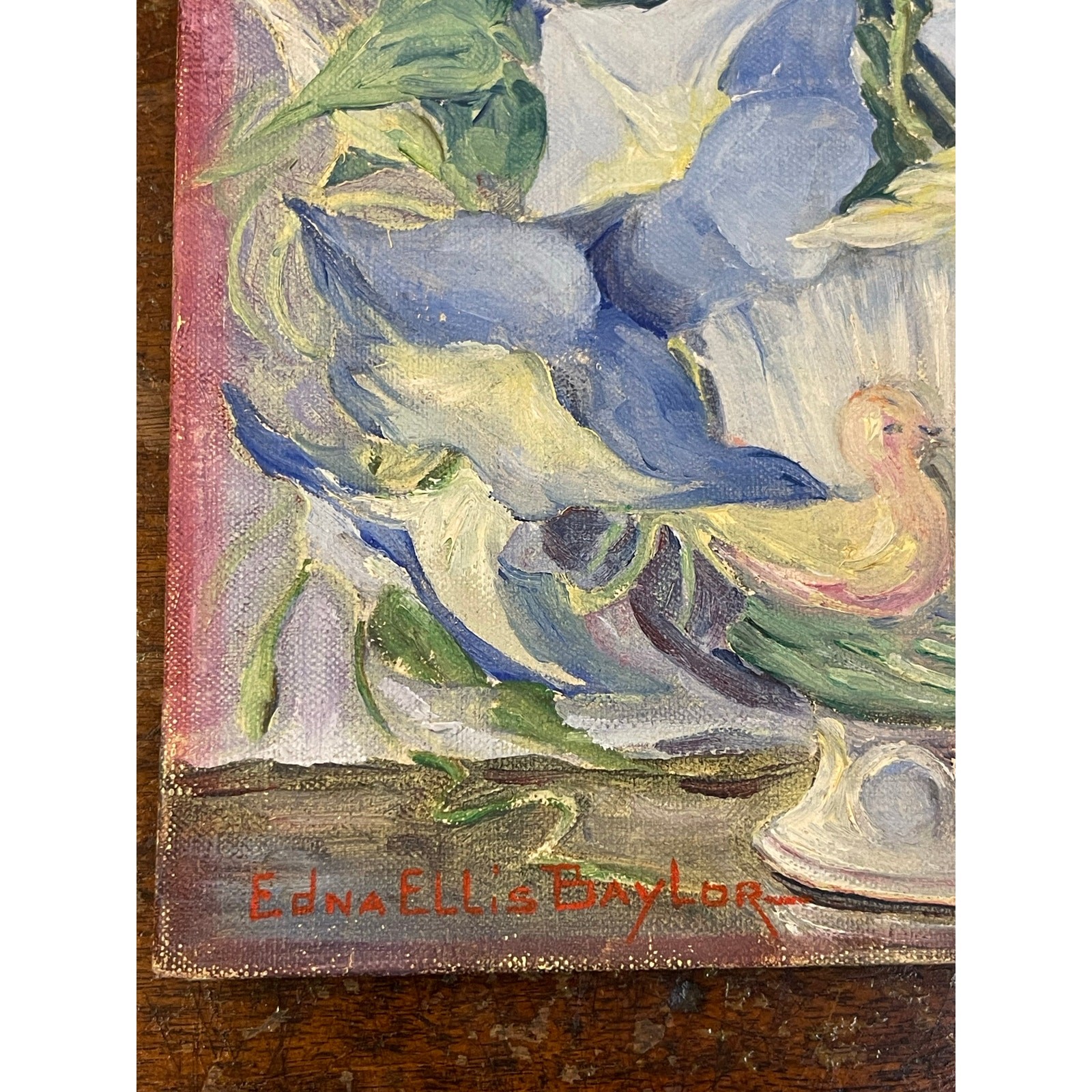 Vintage Edna Ellis Baylor Oil on Canvas Morning Glory Floral Still Life Painting