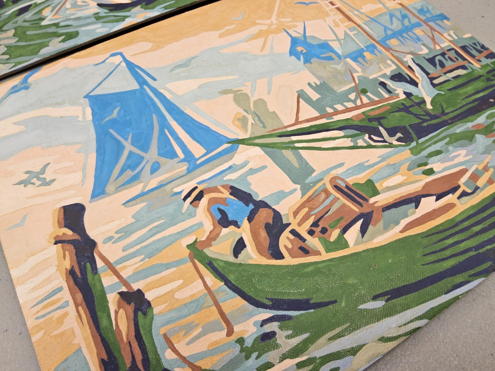Vintage Paint By Number Nautical Harbor Scene Pair MCM Coastal Sailboat Unframed