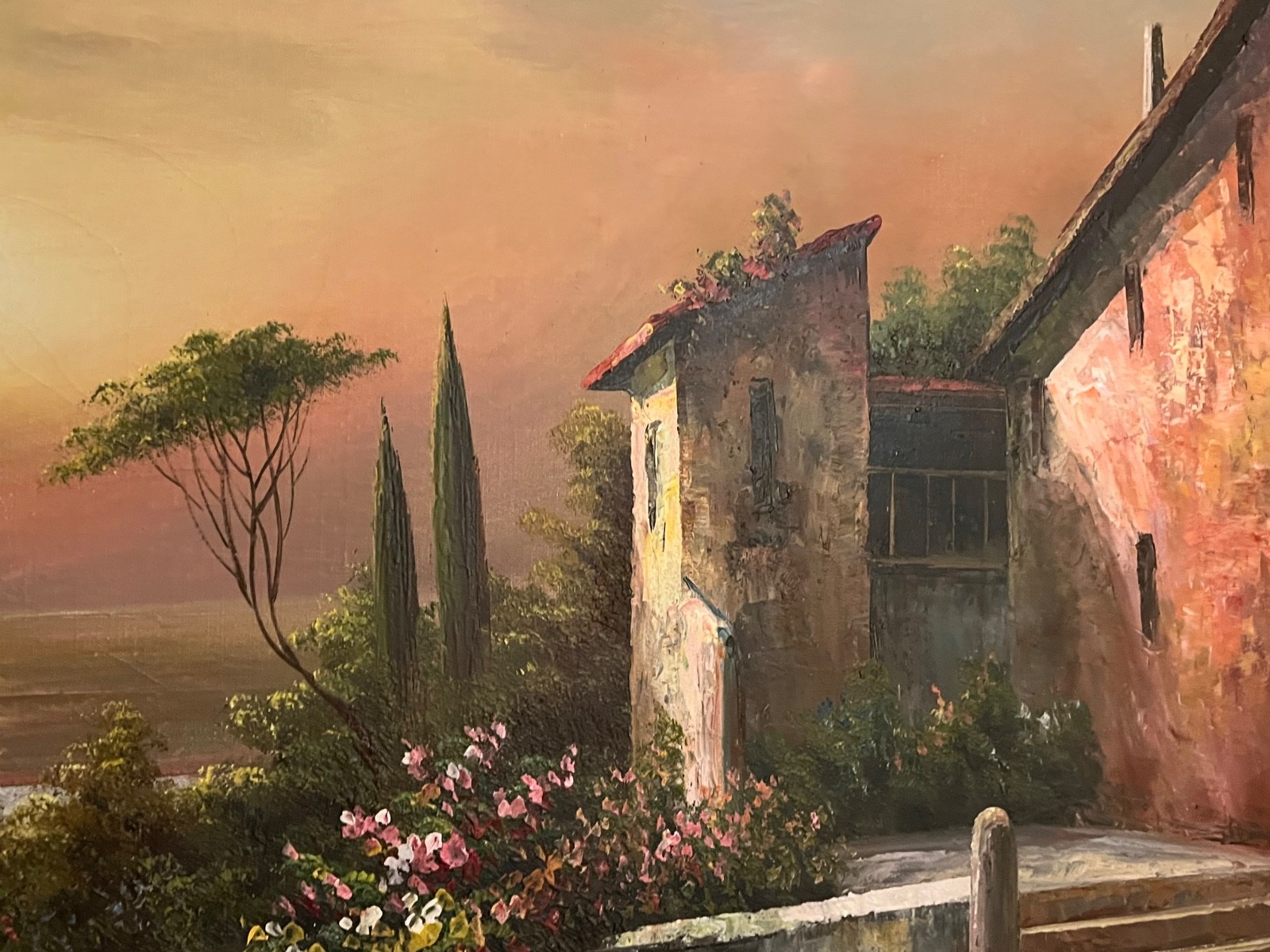 Framed Original oil on canvas signed by Rossini , Coastal Italian Villa 44×31.5”