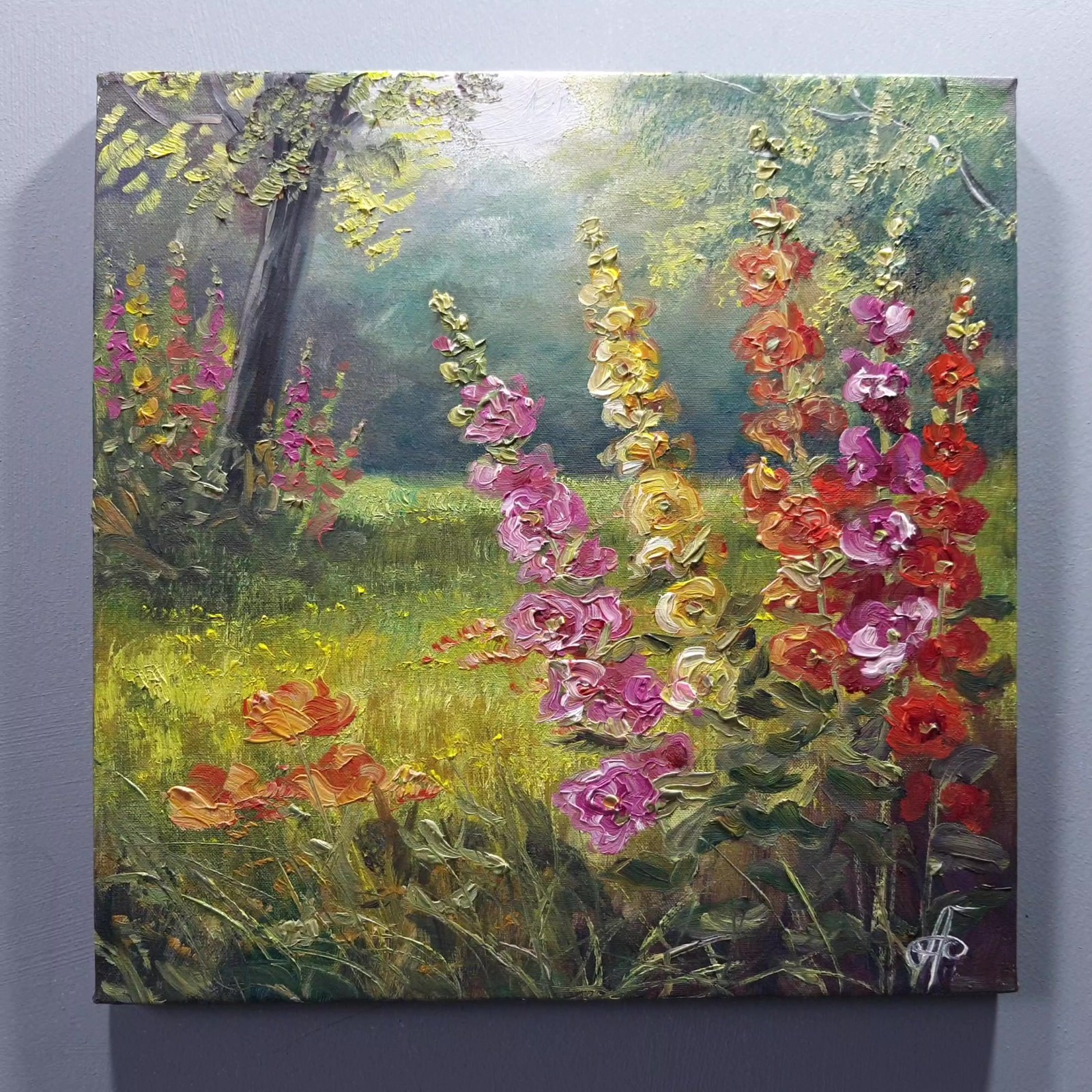 Colorful Hollyhocks Oil Painting Original Garden Flowers Wall Art Canvas 10×10
