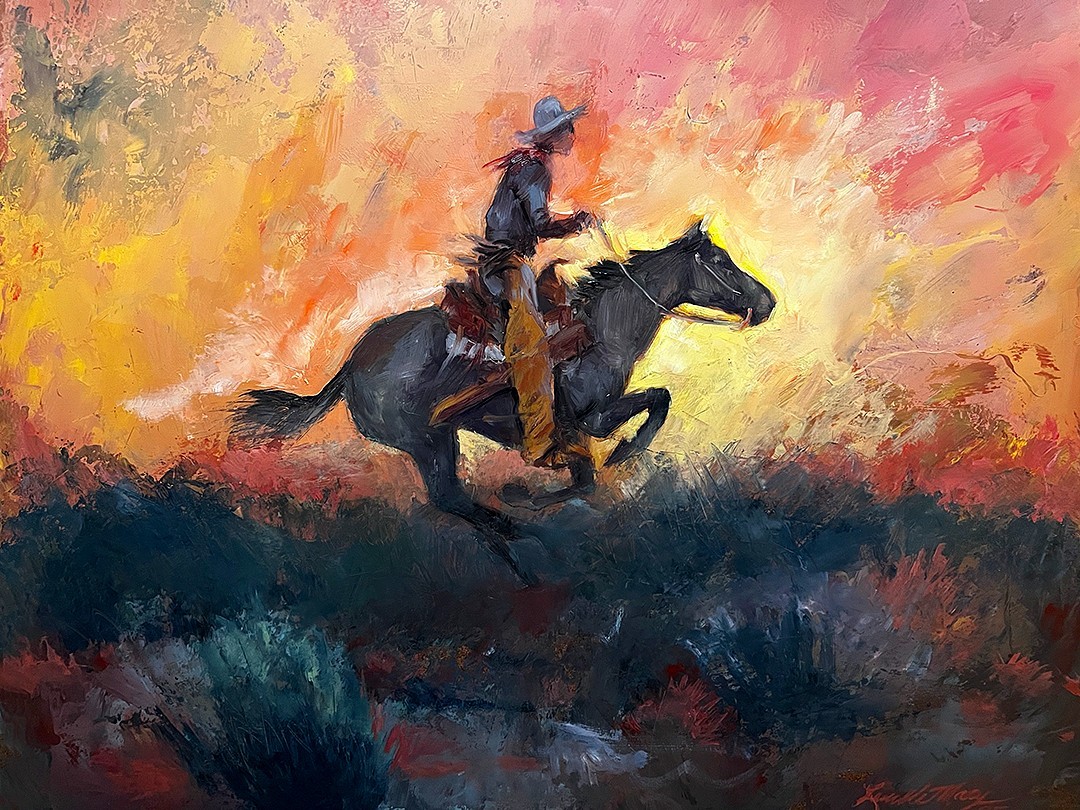 Original Oil painting Cowboy HORSE Sunset Galloping RANCH abstract OLDWEST 16×20