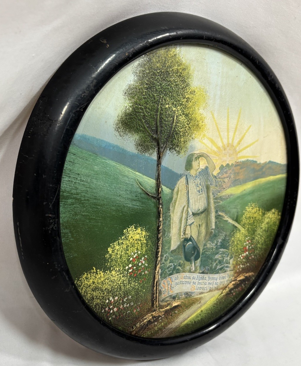 Antique Czech Slovak Folk Art Decoupage Oil Painting Nad Tatrou Sa Blýska Frame