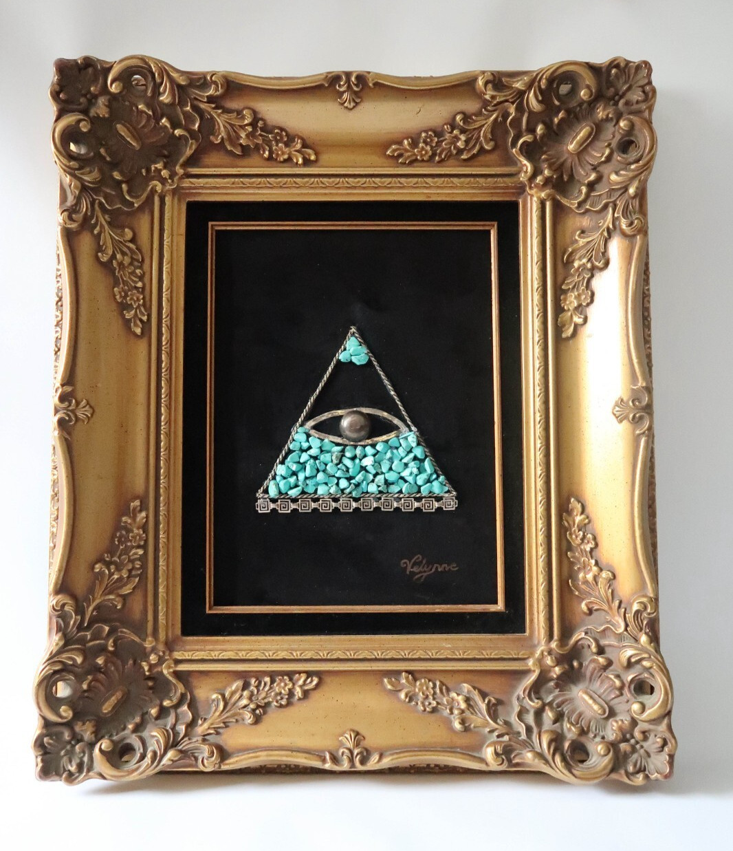 Vintage Sterling Silver / Turquise ALL SEEING EYE Framed and Signed Wall ART