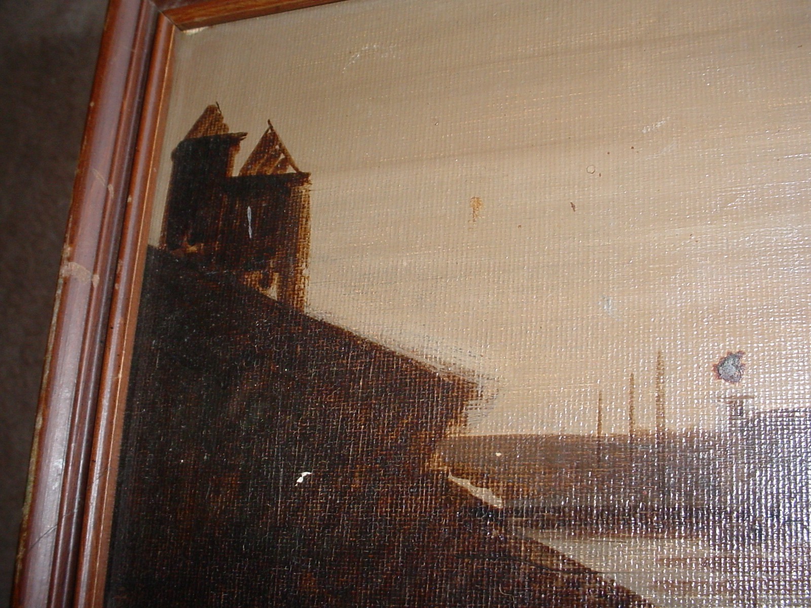 OLD DARK IMPRESSIONIST PAINTING EXOTIC HARBOR SCENE FOREIGN PORT 18 BY 14