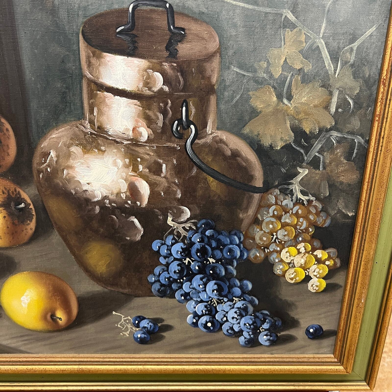 oil painting, still life with kettle, grapes, signed J. Ros