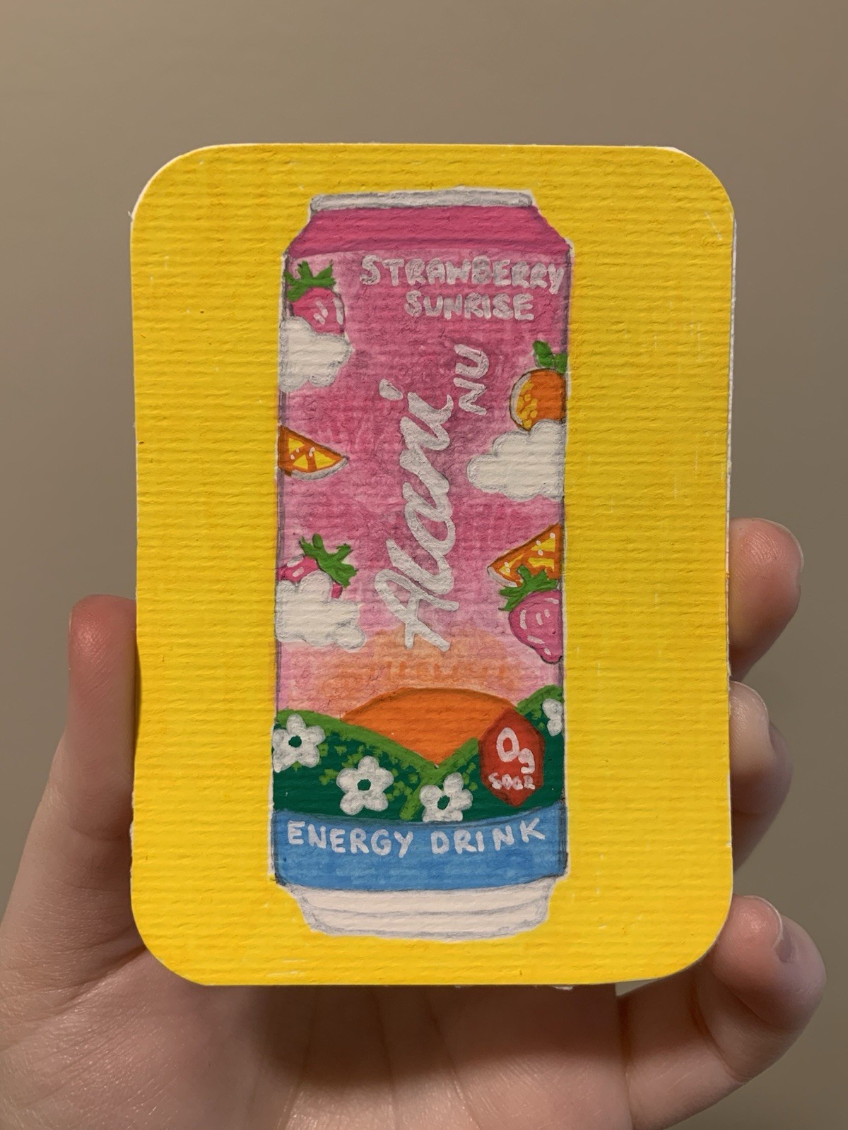 ACEO original, Strawberry Sunrise Alani can, 2.5 x 3.5 in acrylic painting