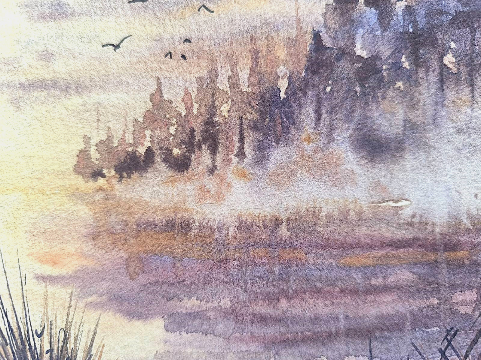 FOGGY LANDSCAPE Birds Flying CLOUDY SKY Original Art Painting Bob Ross Style A4