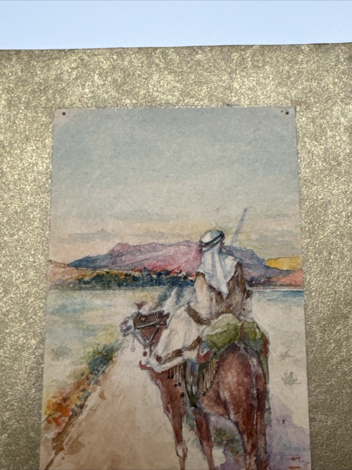 ORIENTALIST LANDSCAPE PAINTING ANTIQUE 1910’S SMALL ROAD TO MECCA MAN ON CAMEL