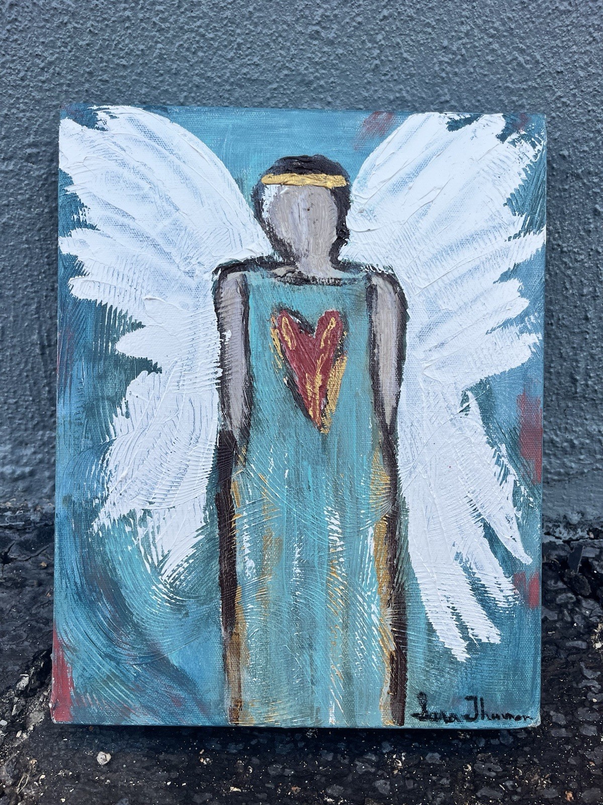 Sara Thurman “Blessing & Honor” Angel Folk Art Canvas Painting Signed 2017