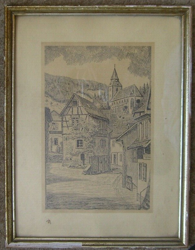 Lithography Village Church Houses Tudor Street Mountain View Tower Rau Antique