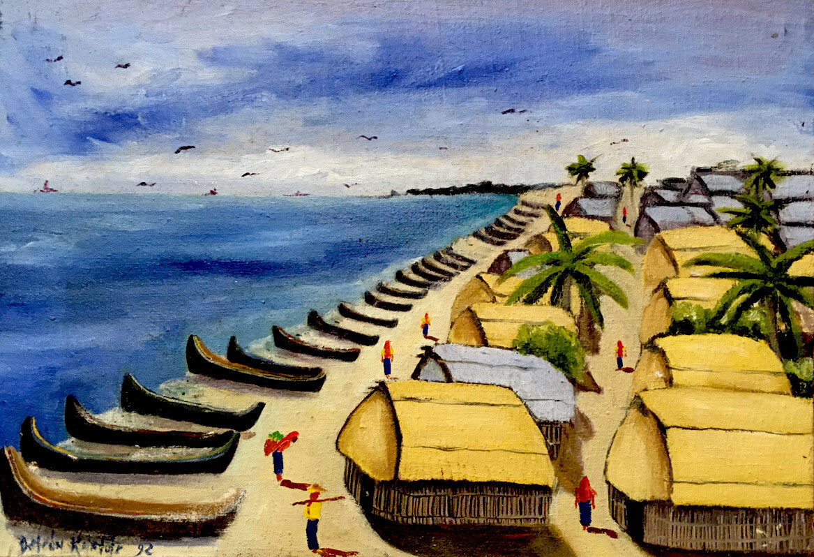 Coastal Village Scene Dominican Republic 18 1/2 X 13 Signed Deleon Kantale
