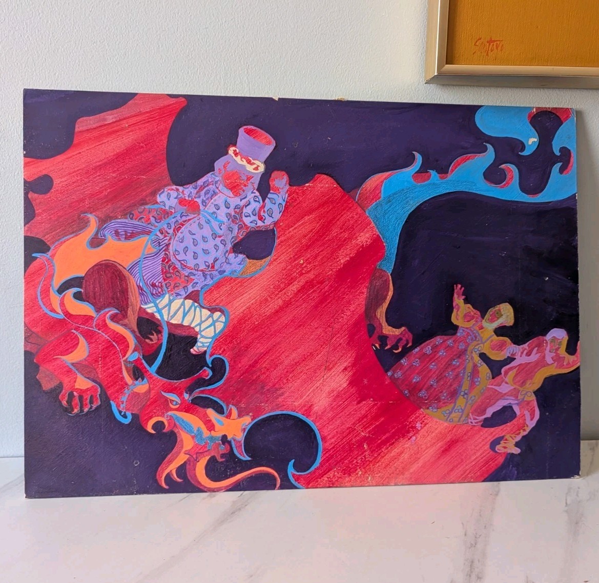 Mid Century Painting Moki Cherry Style 13×18 Gypsum Kaleidoscopic Unsigned
