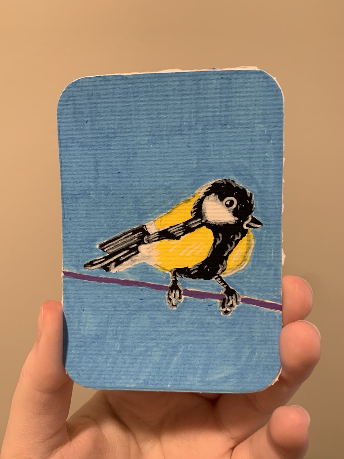 ACEO original, Chickadee bird animal cartoon, 2.5 x 3.5 in acrylic painting