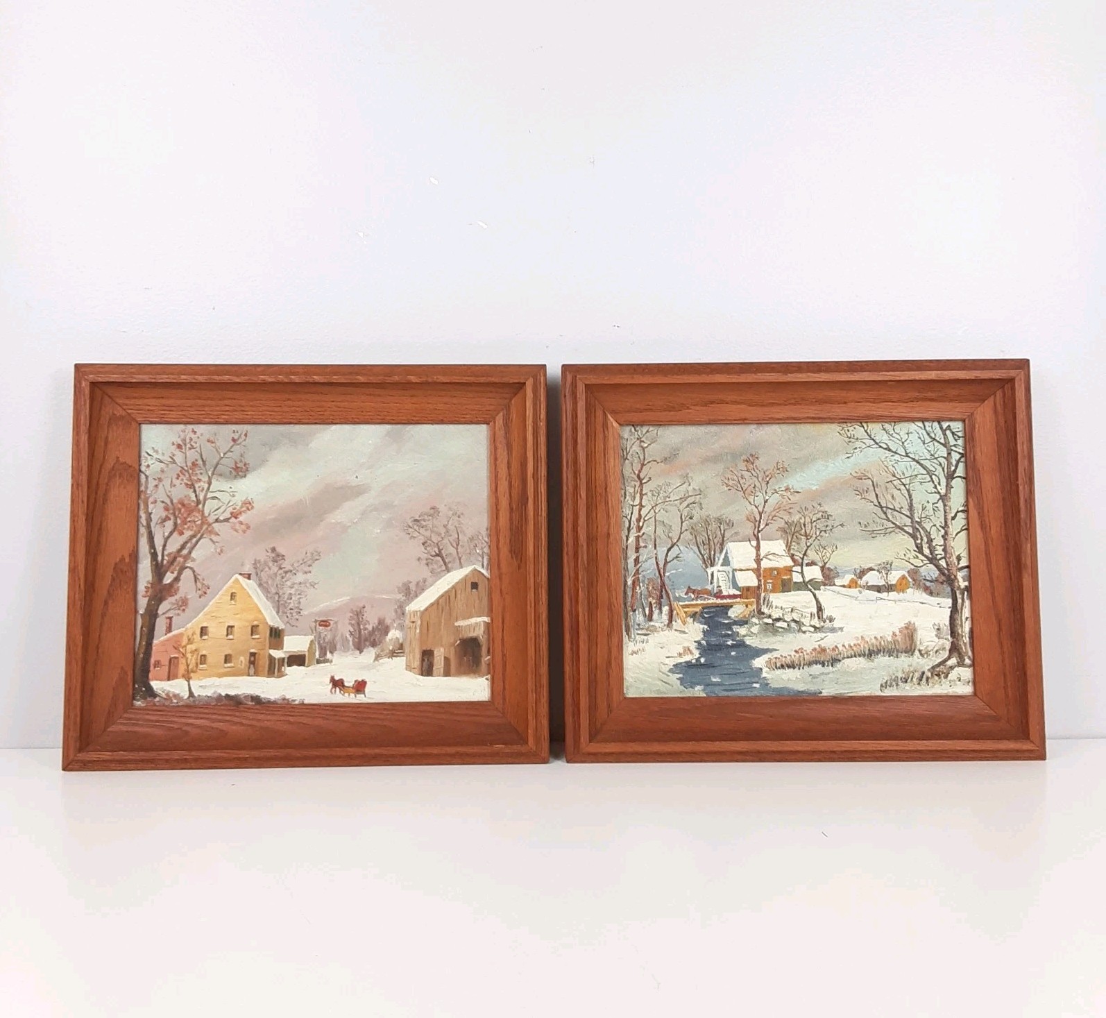 Vintage Set of 2 Framed Wall Art Hand Painted on Board Folk Realism