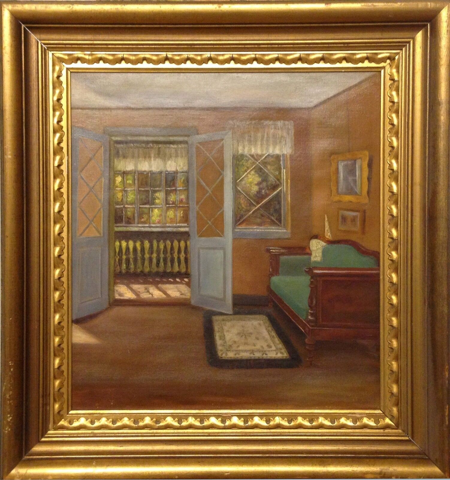 COSY INTERIOR WITH SUNLIT VERANDA, antique oil painting, dated 1904