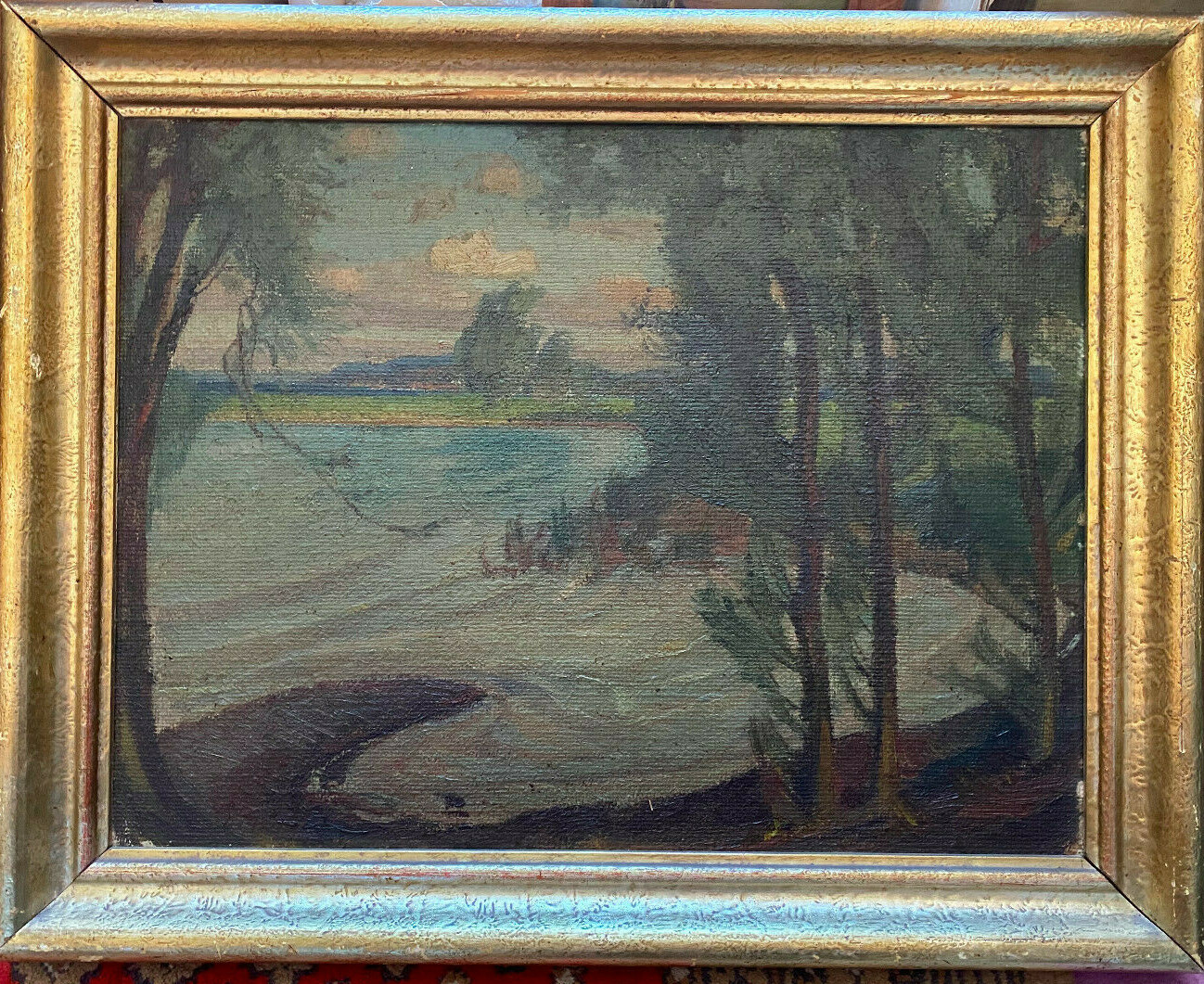 Fine Expressionist° Lakeside Um 1920 Unsigned Oil Painting Frame Antique Trees