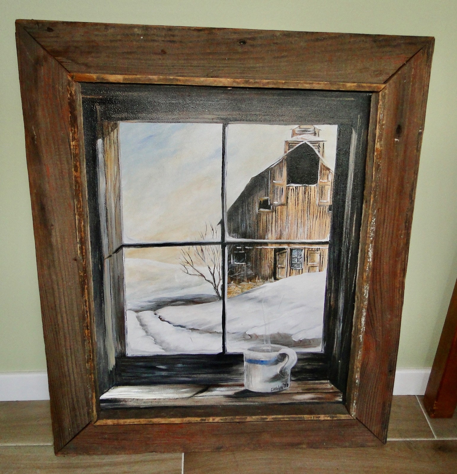 Vintage Original OIL PAINTING ~STEAMING COFFEE CUP Window Barn~ 26×22 Nice Frame