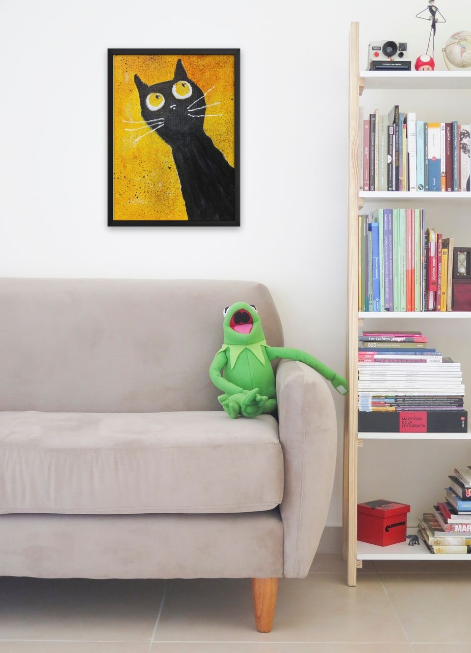 Black Cat Abstract Painting Canvas Art Yellow Background Whimsical 11×14