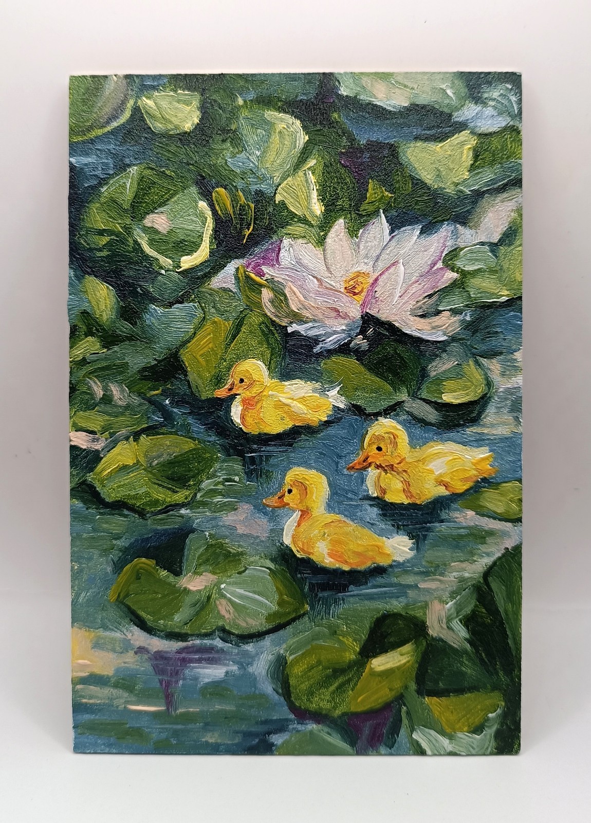 Cute Yellow Ducks Small Textured Painting Original Pond Lily Bathroom Decor