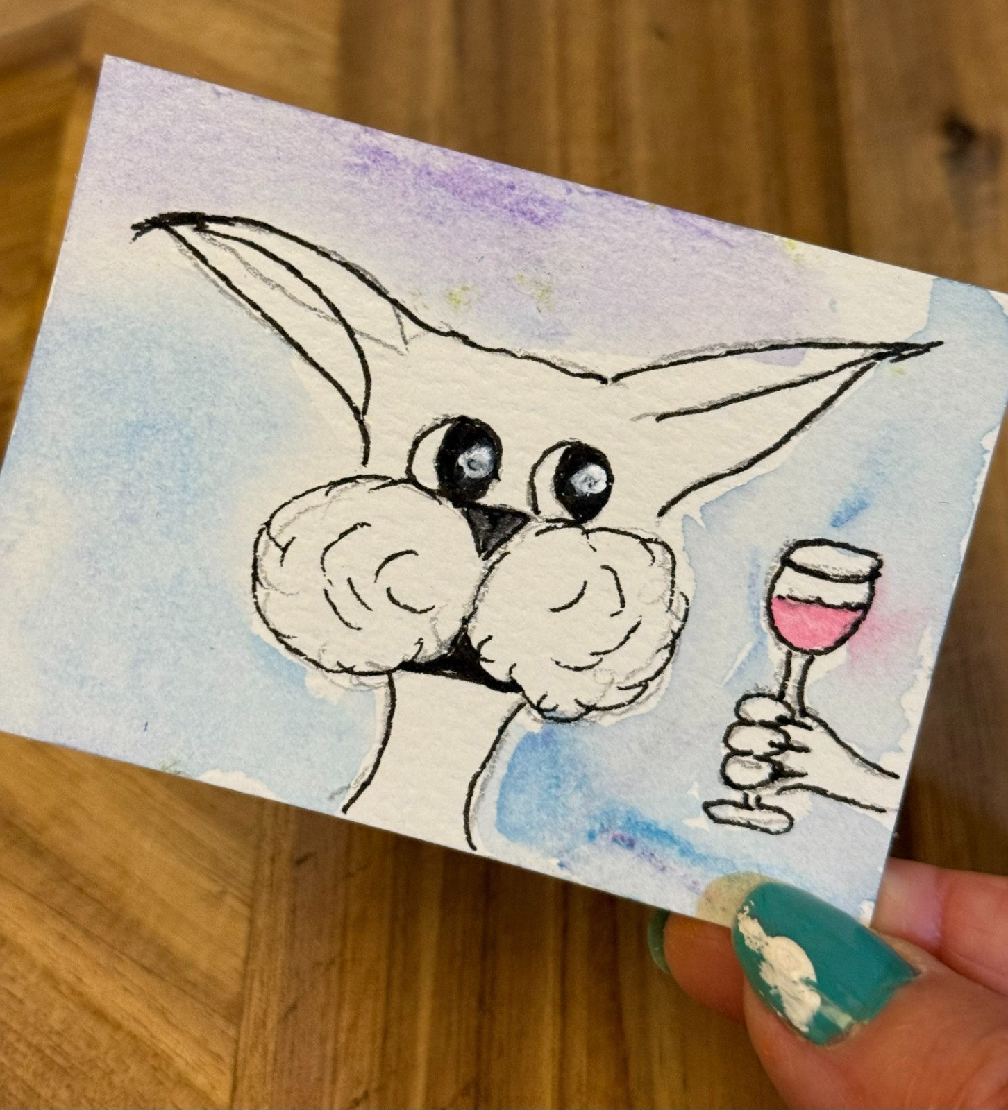 ACEO trading Card Original Art Signed Cat Wine Art