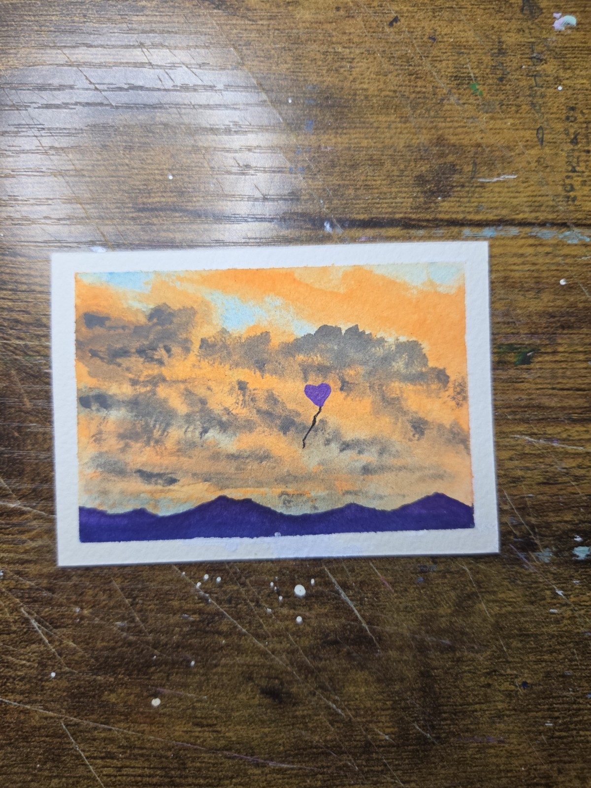 ACEO Original painting Sunset Heart Balloon (2.5×3.5 inches) watercolor/acrylic