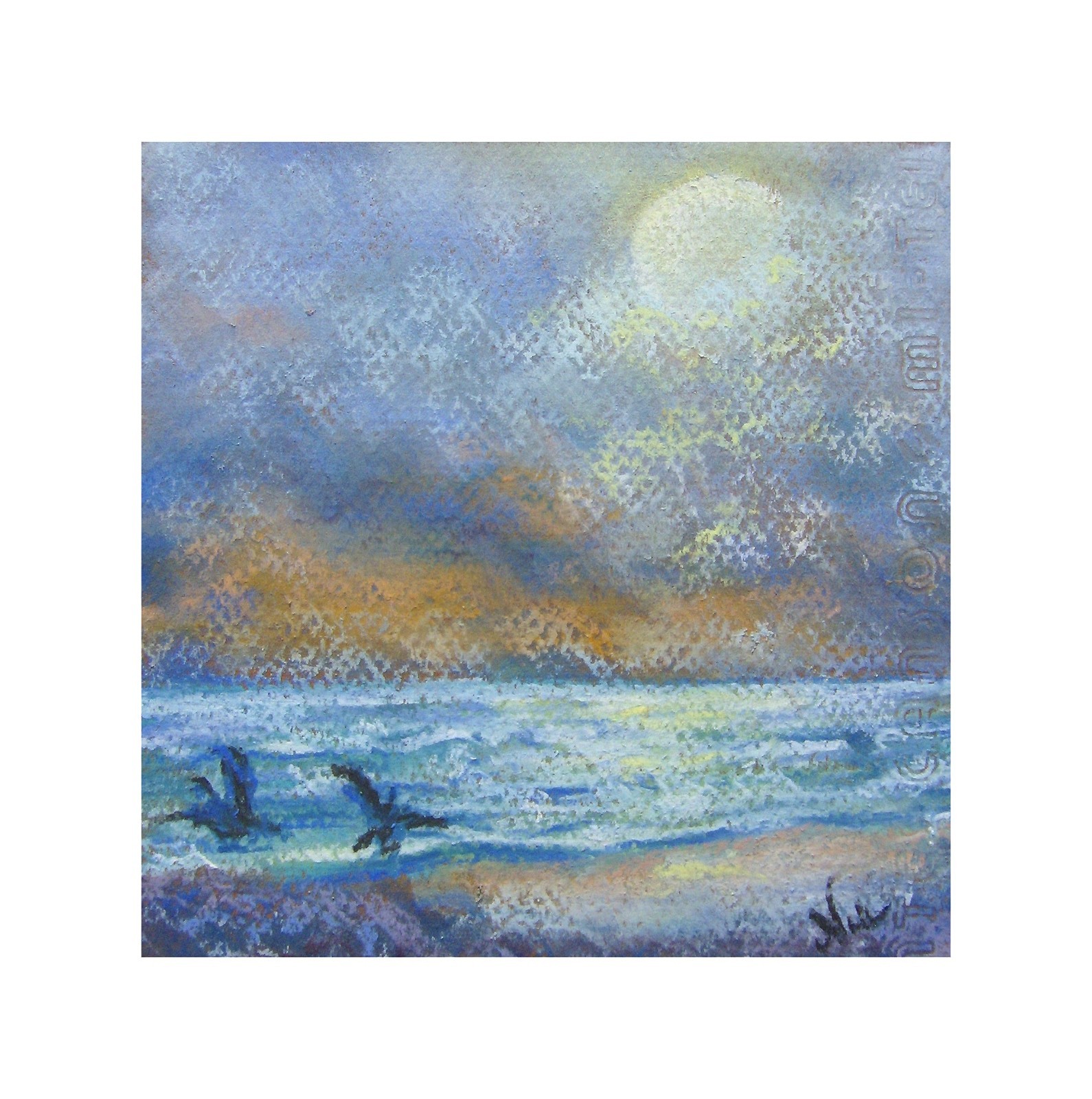 Original Sunset Artwork Pastel Seagulls Beach Waves California Painting