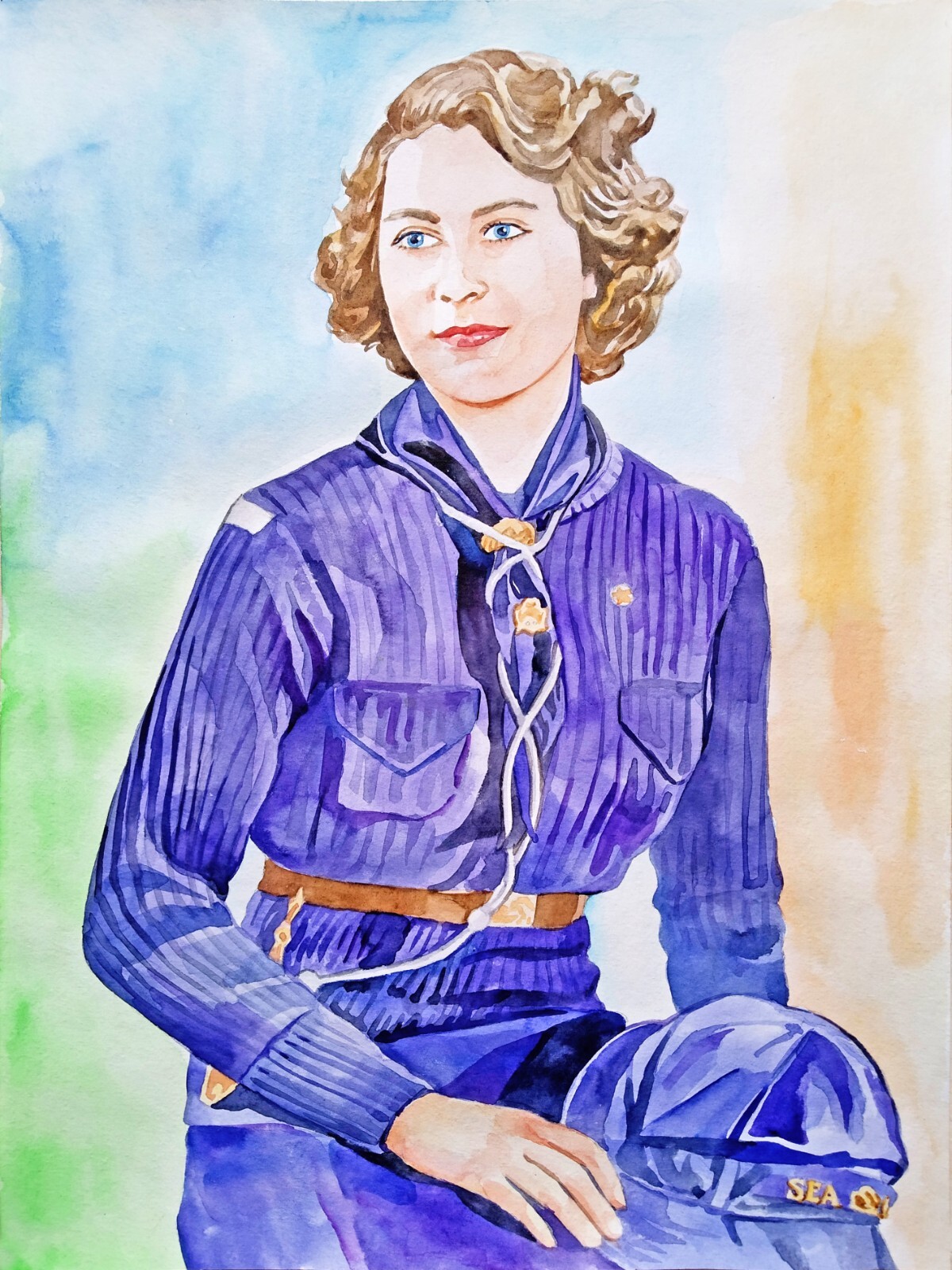 11,69 × 15,75″ Elizabeth II in 1943 ~Princess~ watercolor SIGNED and DATED