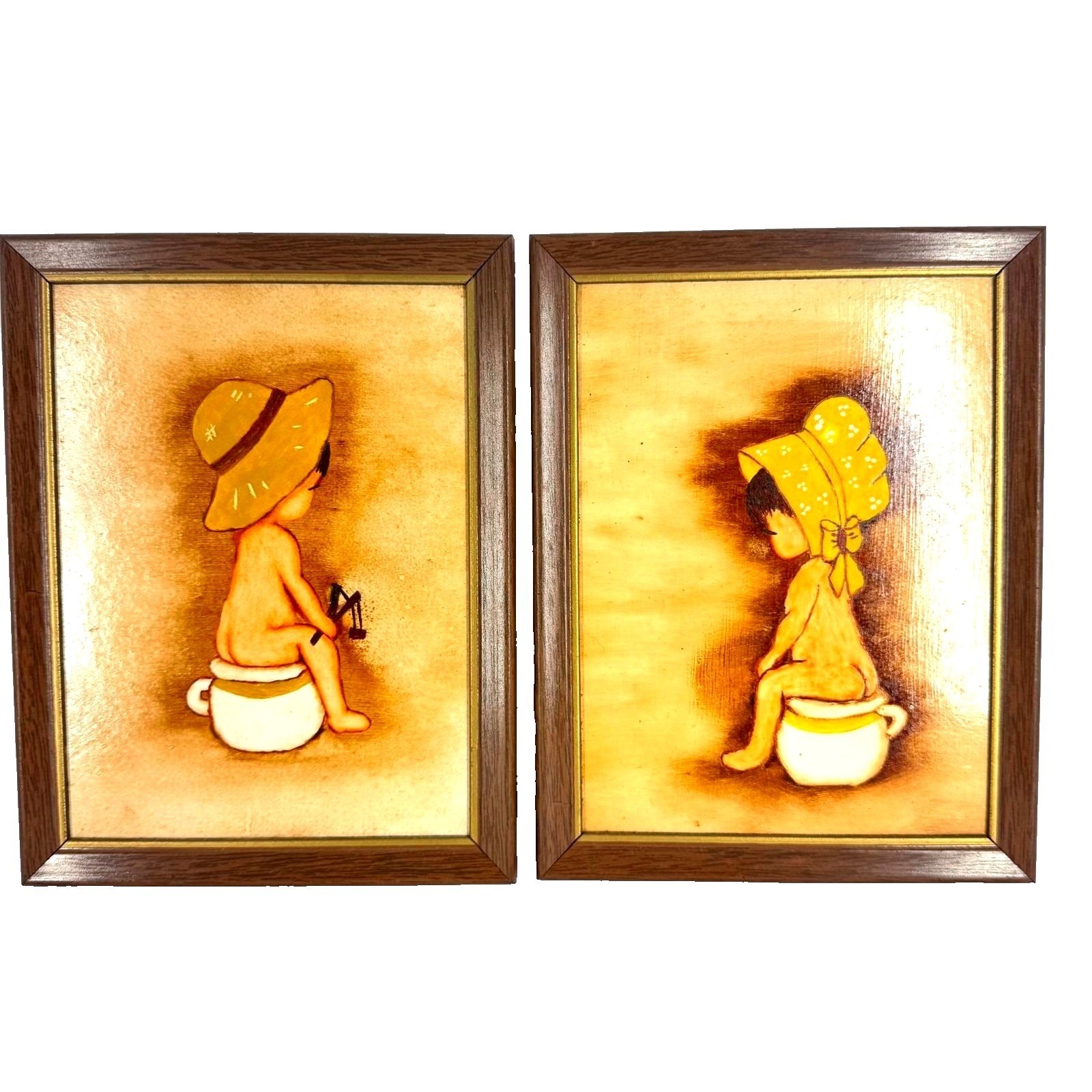 Vintage Pair Framed Children Chamber Pot 3D Relief Wall Art Bathroom Kitsch