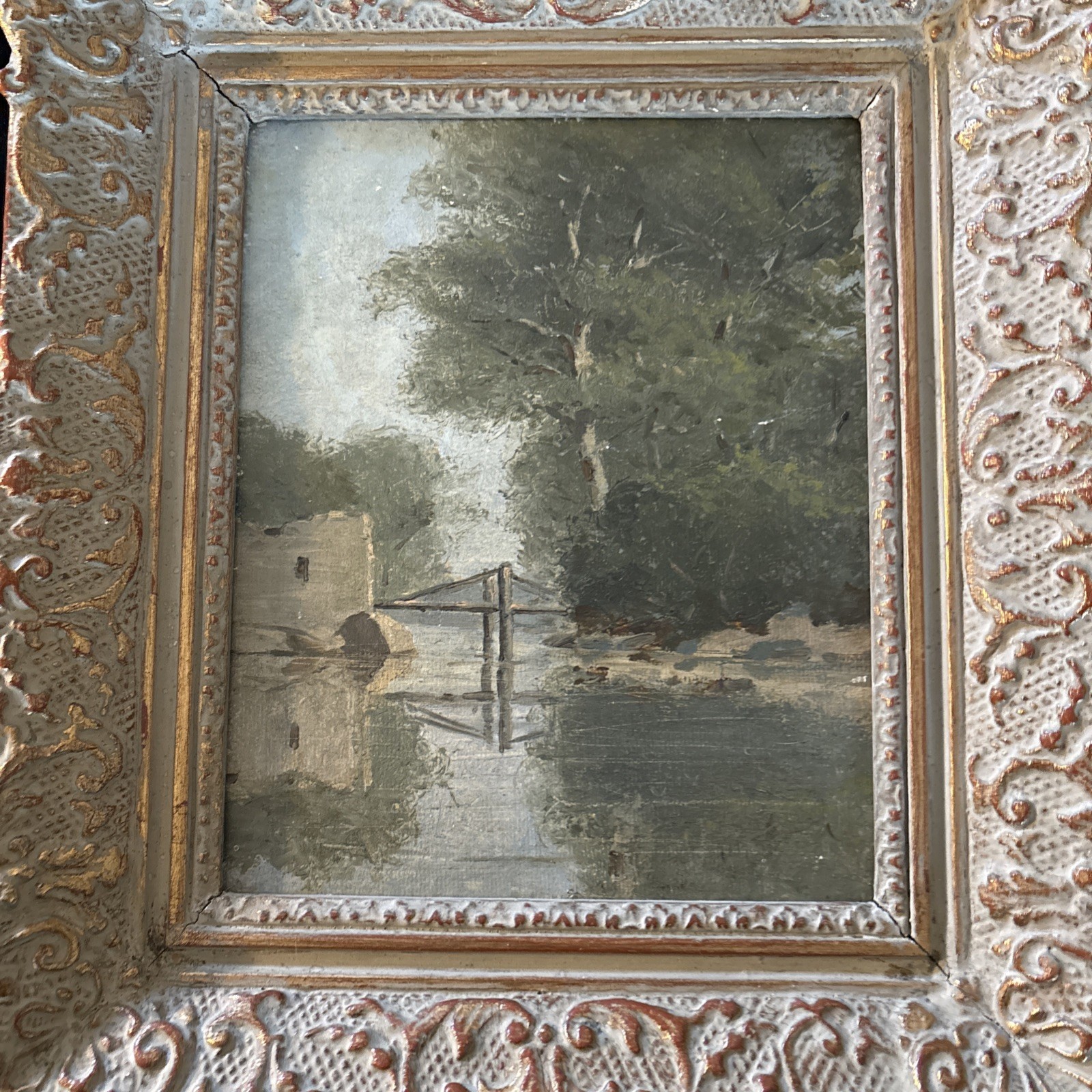 French Style impressionist Oil painting Landscape Stone Bridge Over River 11.5×9