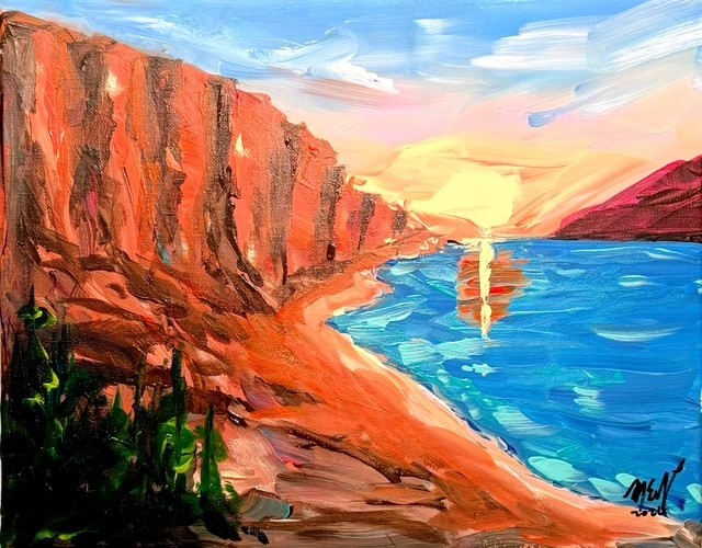 Maria Art SUNSET CLIFFS 14×11 Canvas Abstract Landscape Original Expression Deco