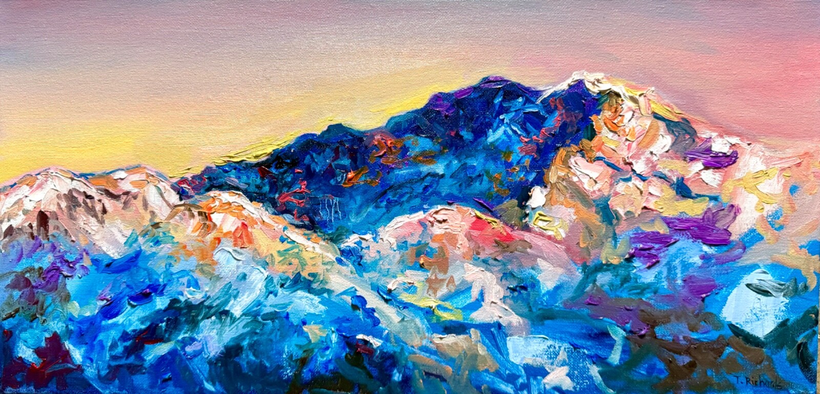 Oil painting ORIGINAL art Mountain artwork Landscape Sky sunrise signed 10×20″